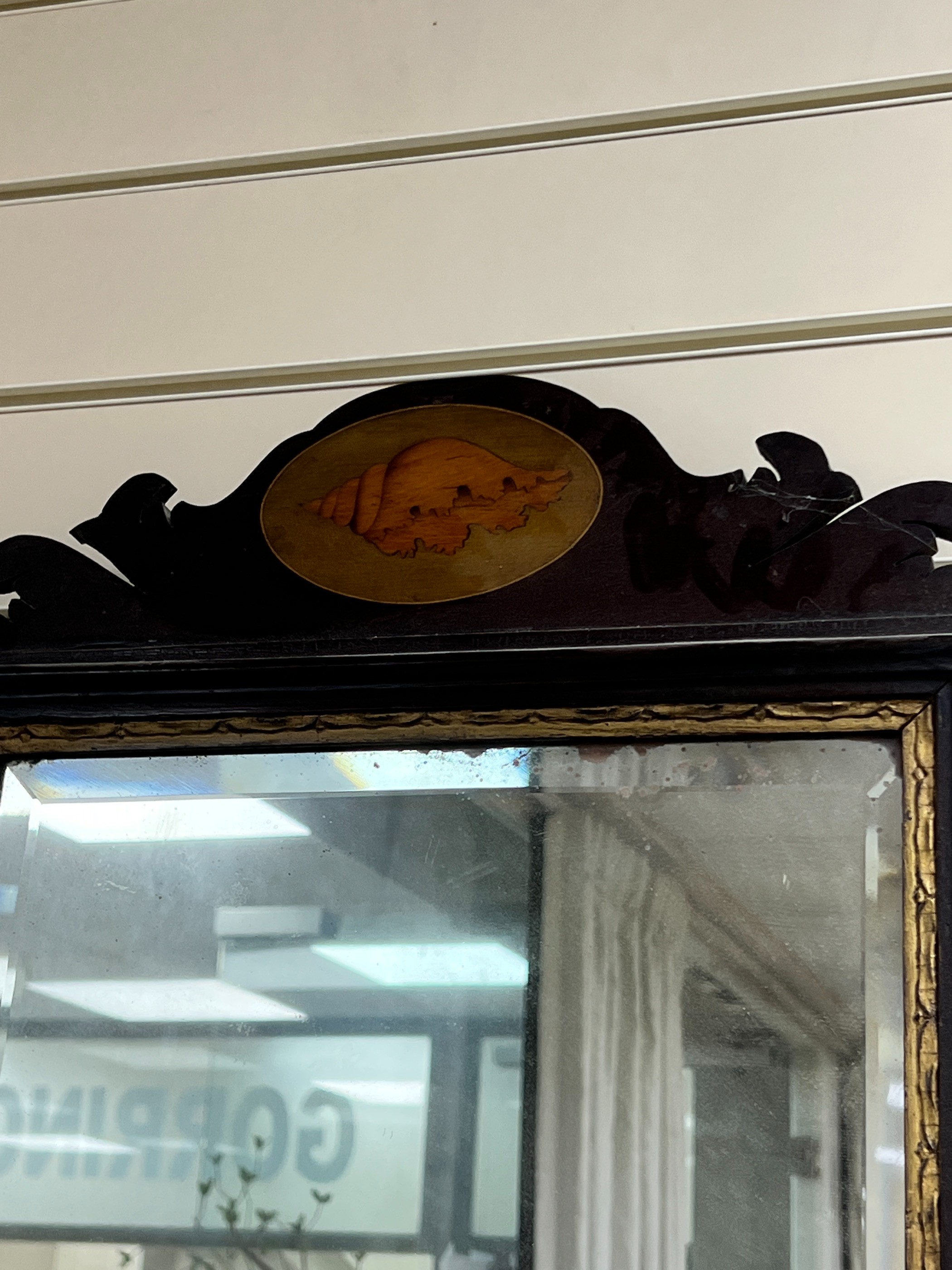 A George III style inlaid fret cut wall mirror, width 52cm, height 80cm
